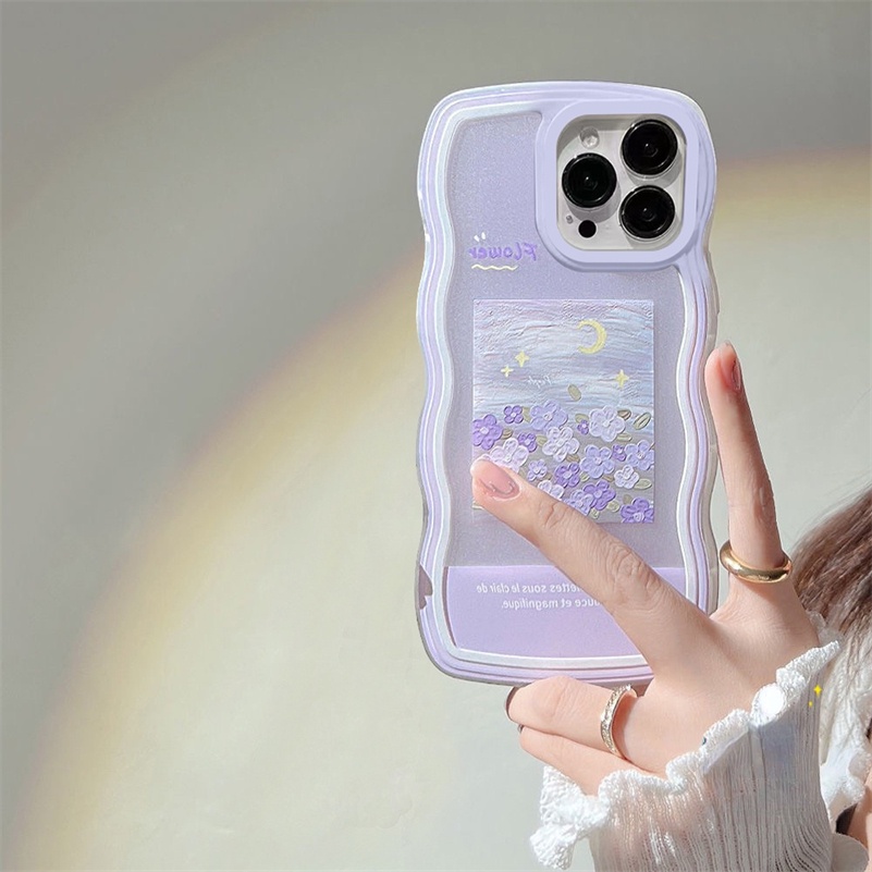 Soft Case Pelindung Lensa Kamera Motif Lukisan Bunga Warna Ungu Untuk iPhone 14 13 12 11 Pro Max X Xr Xs Max 8 7 6 6s Plus