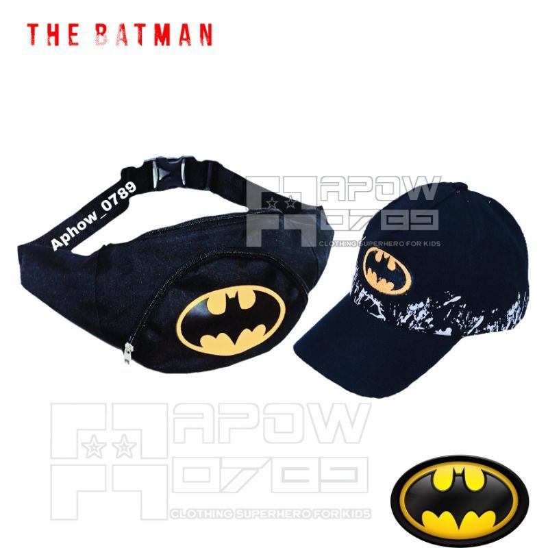 Paket 2in1 Tas Waistbag anak Batman Free topi Bordir Batman