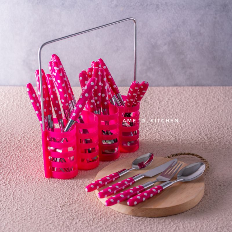 Sendok set 24 pc polkadot pink + rak