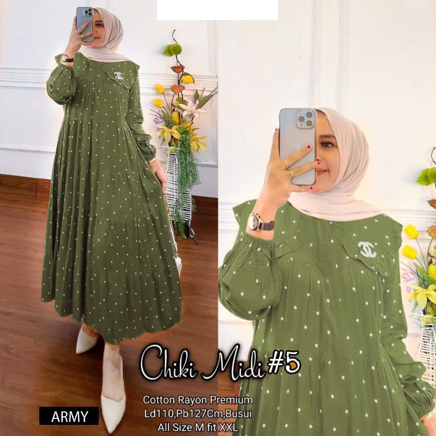 Chiki Midi Dress -  Midi Dress Susun Polkadot Rayon Premium Baju Wanita Kekinian Lengan Panjang Maxydress Kerah Peterpan LD 110 cm