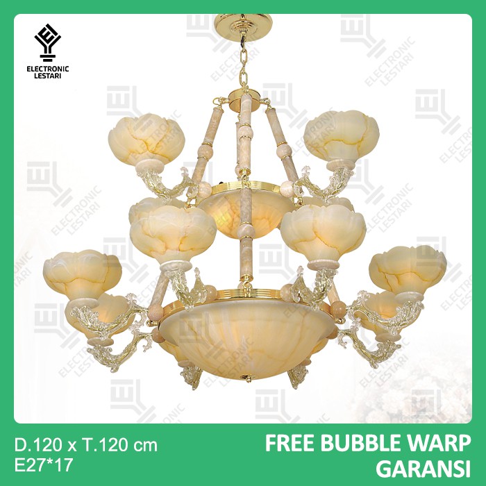 Lampu Hias Gantung Ruang Tamu Bunga Marmer Kuning Putih Bercabang 8+4+3