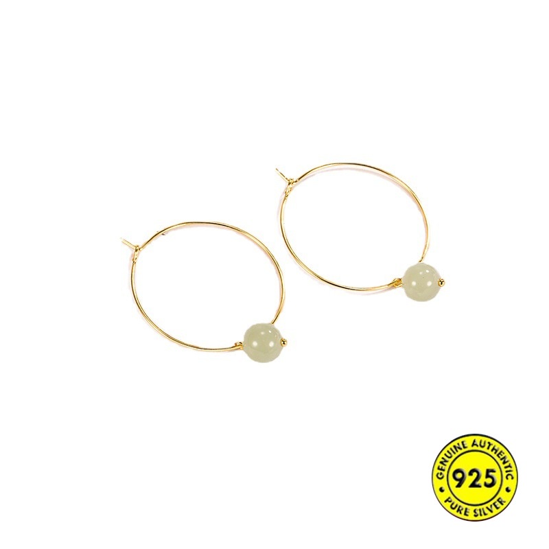 Anting Tusuk Retro Simple Anti Air / Alergi 18K Dengan Batu Giok Untuk Wanita