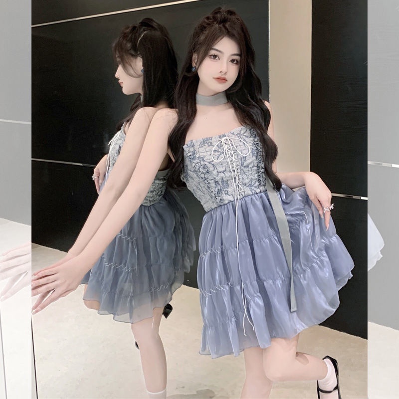 Desain retro perancis rasa kering fashion trendi tube top dress pinggang tipis dan terbuka kembali r