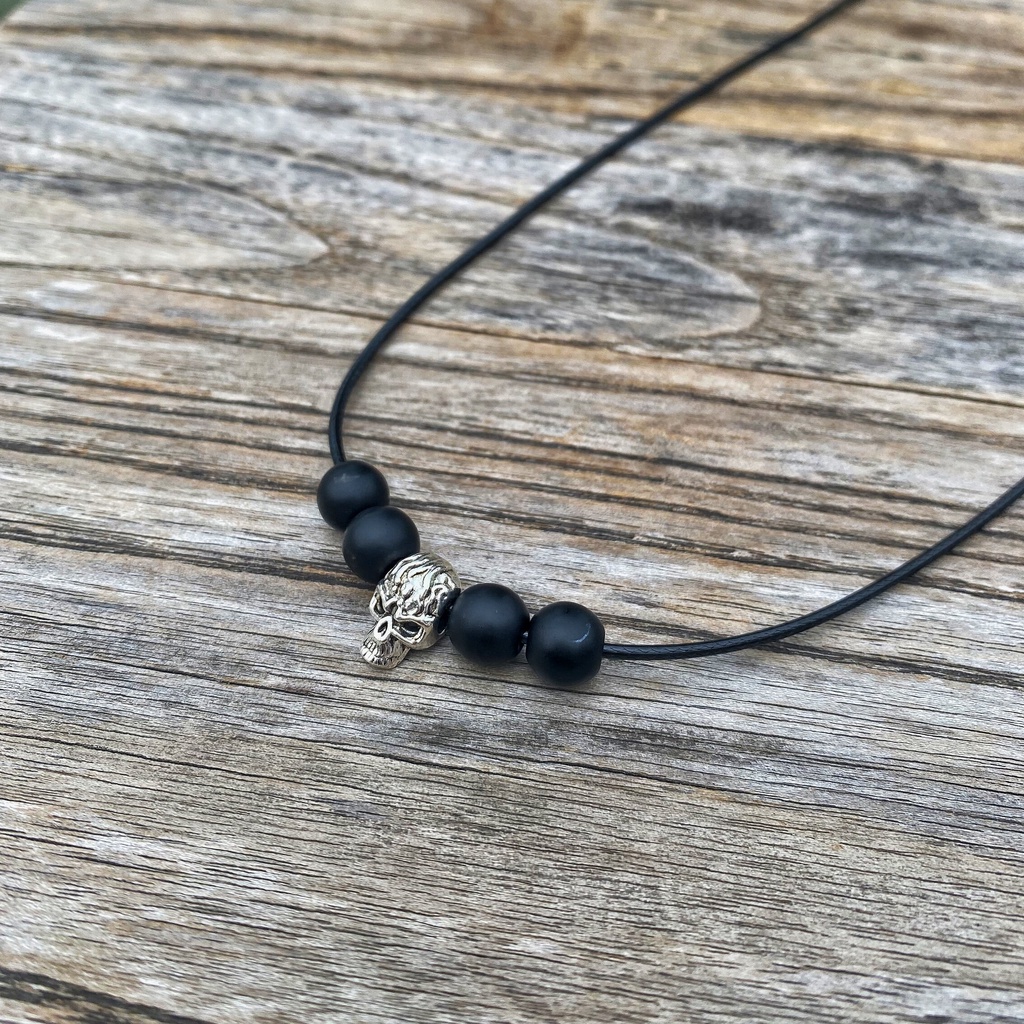 Kalung Pria Keren Tali Hitam Korea Liontin Skull Stone Tengkorak Batu Onyx Necklace Cowok Anti Air Waterproof Adjustable Viral