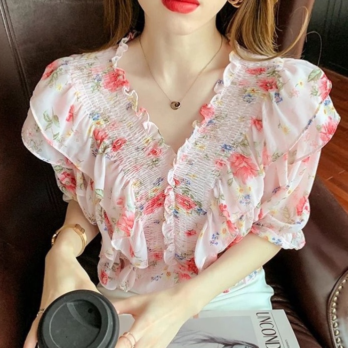 2433 Baju atasan blouse SMOCKED kerah Sabrina Vneck motif bunga Korean style wanita import baju atas