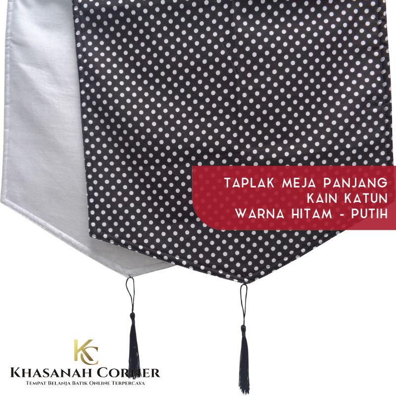 Taplak Meja Panjang 200x36 cm Runner Table Cover Kain Katun Warna Hitam Kombinasi Putih Motif Polkad