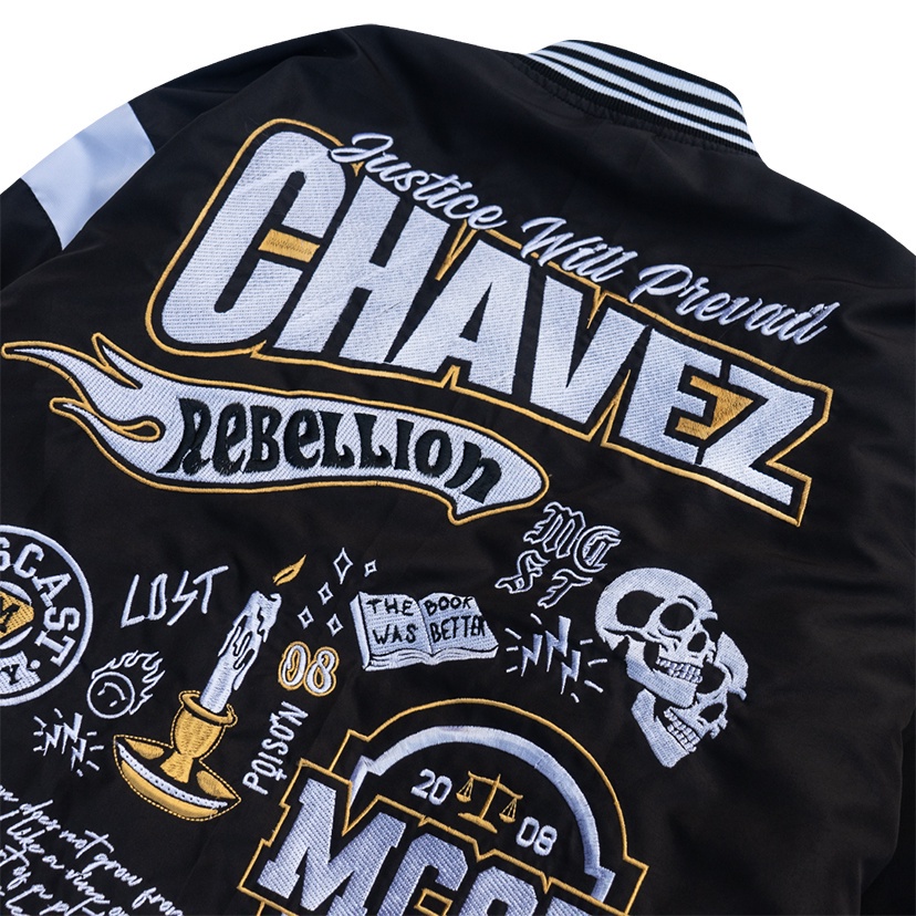 BESTPROMO Jaket Varsity Vintage Chavez Hitam Miscast