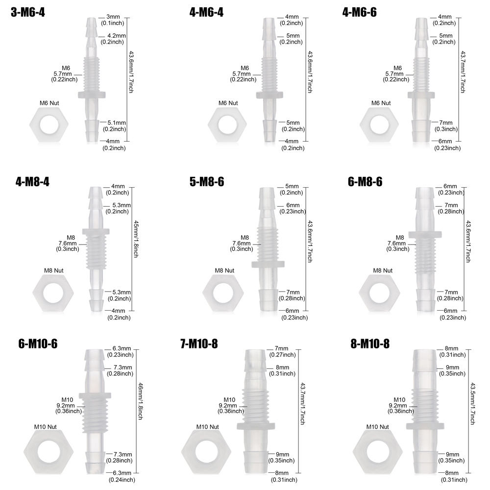 SUYOU PP Fish Tank Adapter 3~8mm Thread Hex Nut Straight Connectors Air Pump Aquarium Pagoda Joints M6~M10 Hose Fittings/5pcs