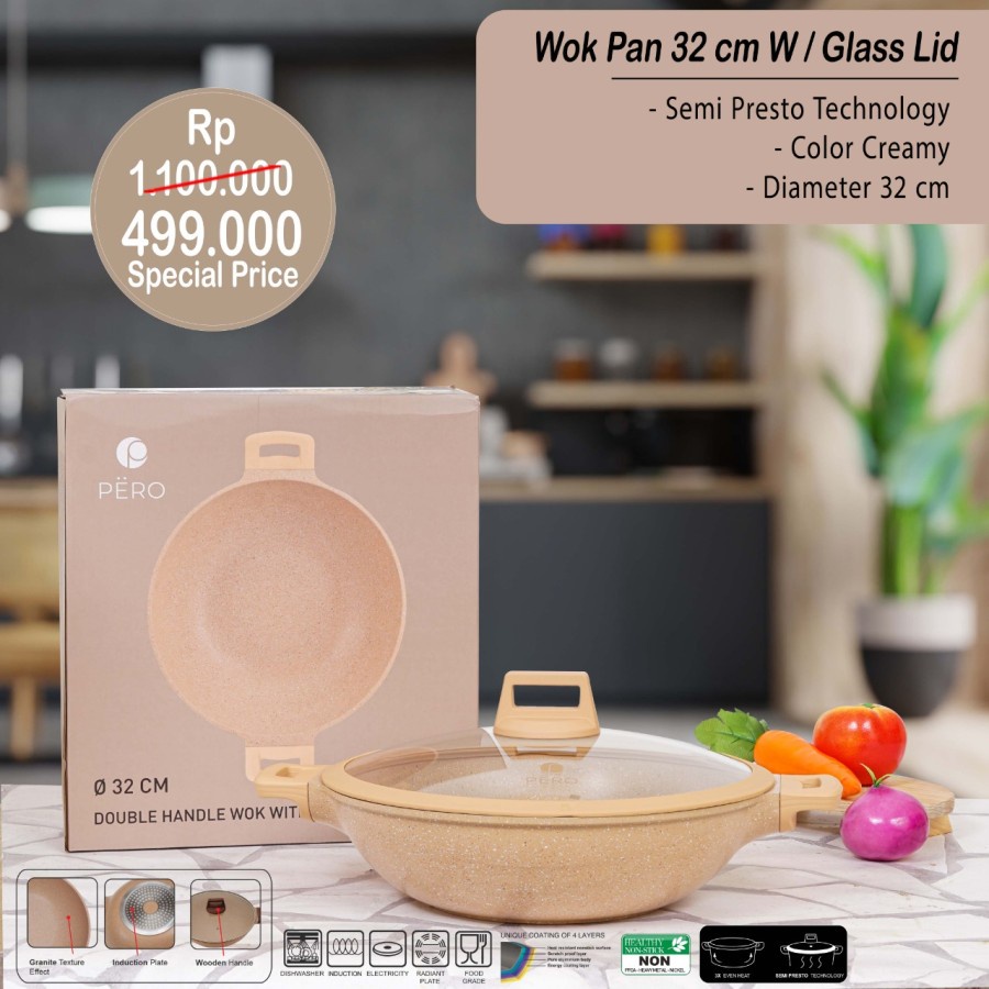 PERO WOK PAN 32CM + GLASS LID