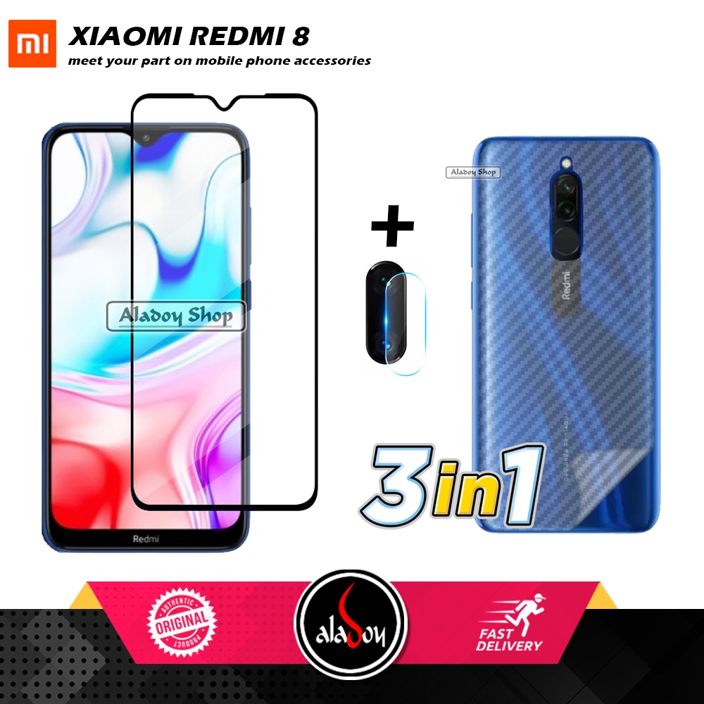 PAKET 3 IN 1 Tempered Glass Layar Xiaomi Redmi 8 Free Tempered Glass Camera dan Skin Carbon