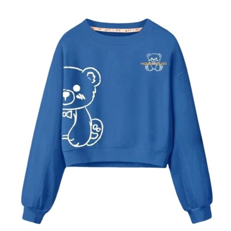 Crop Bear Oversize Cewek/Wanita | Sweater Crop Bear Biru Tebal