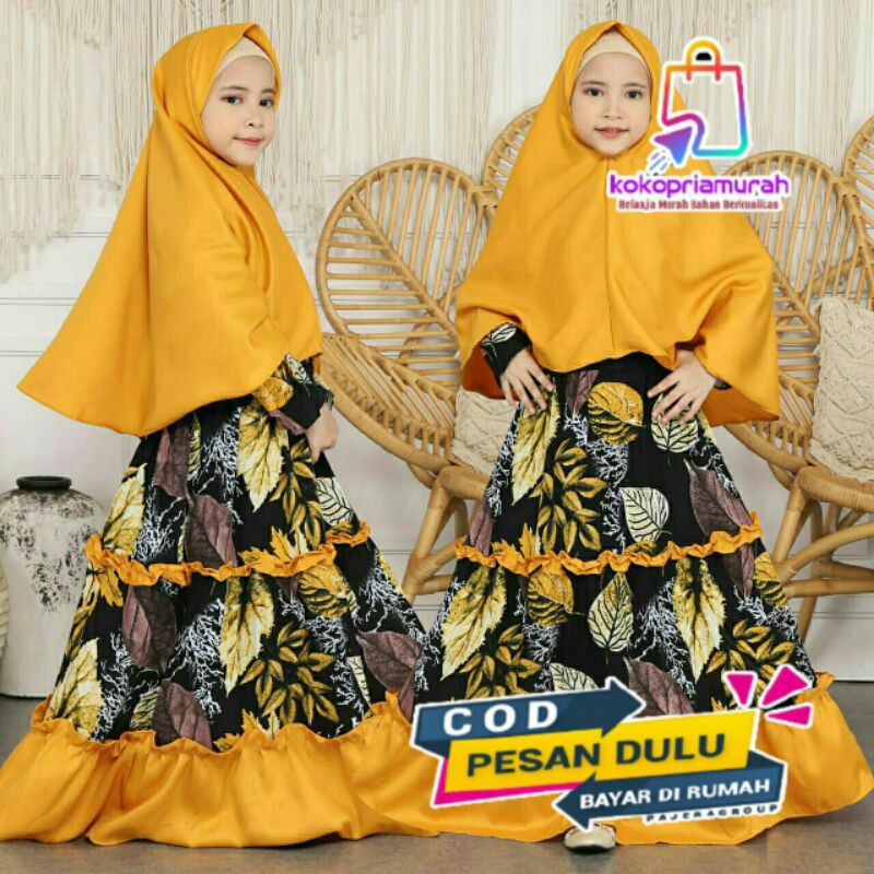 Mustard Gamis lebaran anak umur 7 -9 tahun warna mustard/Syari Rihana Kid