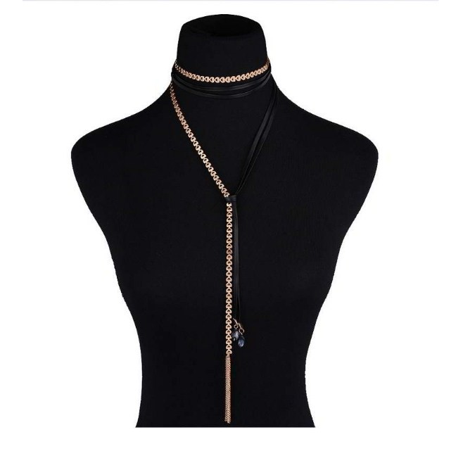 IMPORT Kalung Korea Emas Hitam Berumbai Manik Manik Multilayer Choker Necklace 026782r