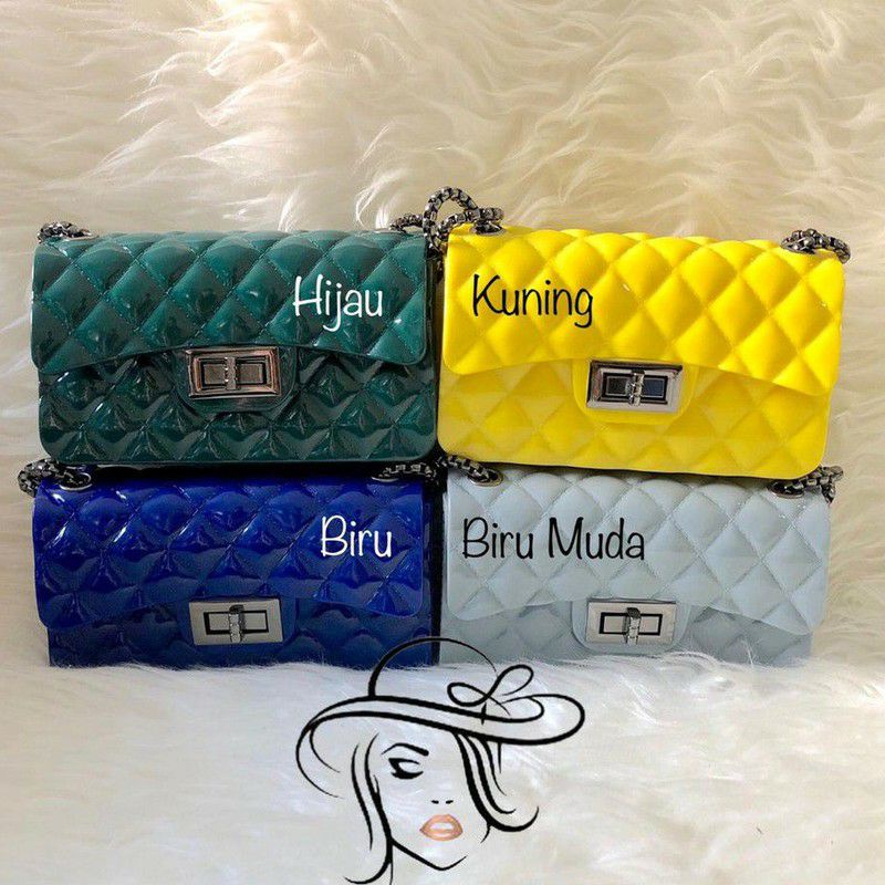 Tas Jelly Glossy Import Selempang Rantai Hitam Besar