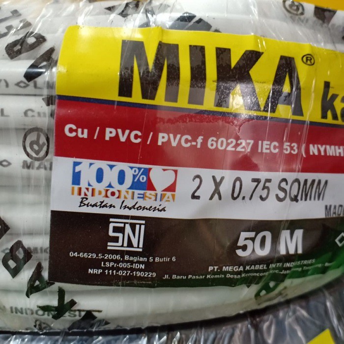 Kabel Serabut Mika NYMHY 2 x 0,75mm 50M Listrik Isolasi Ecer Per Meter