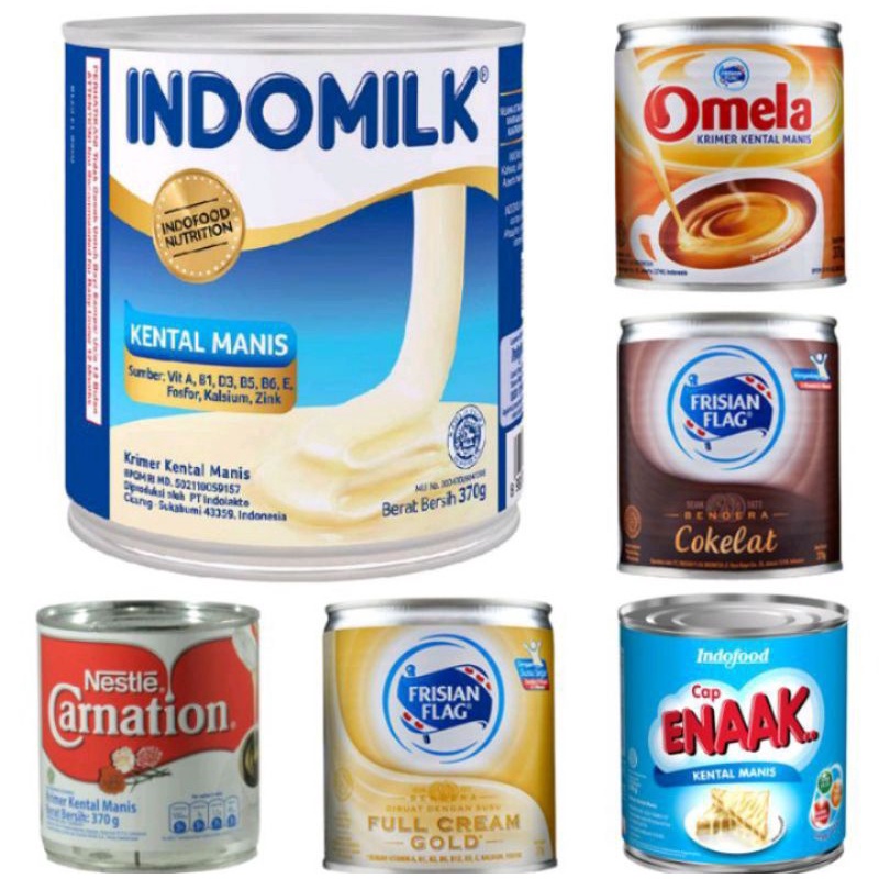 

Kental Manis - SKM Cap Enaak / Frisian Flag / Indomilk / Omela / Carnation Cokelat / Putih / Gold / Susu Tiga Sapi Kaleng