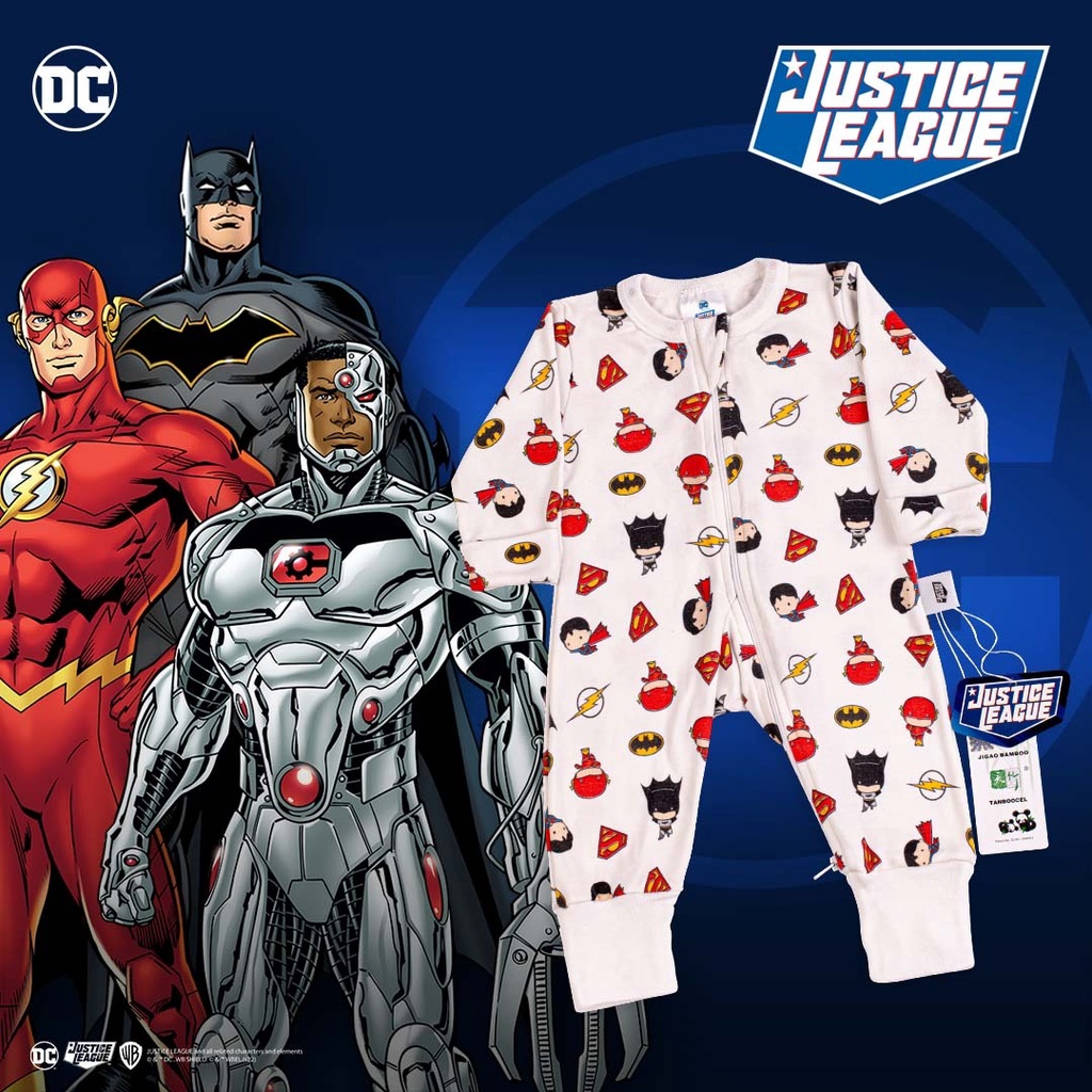 Baju Bayi Kodok Panjang / Jumpsuit Zipper Bamboo Print ( Justice League) Best Quality SNI Size NB &amp; 0-3 Bodysuit