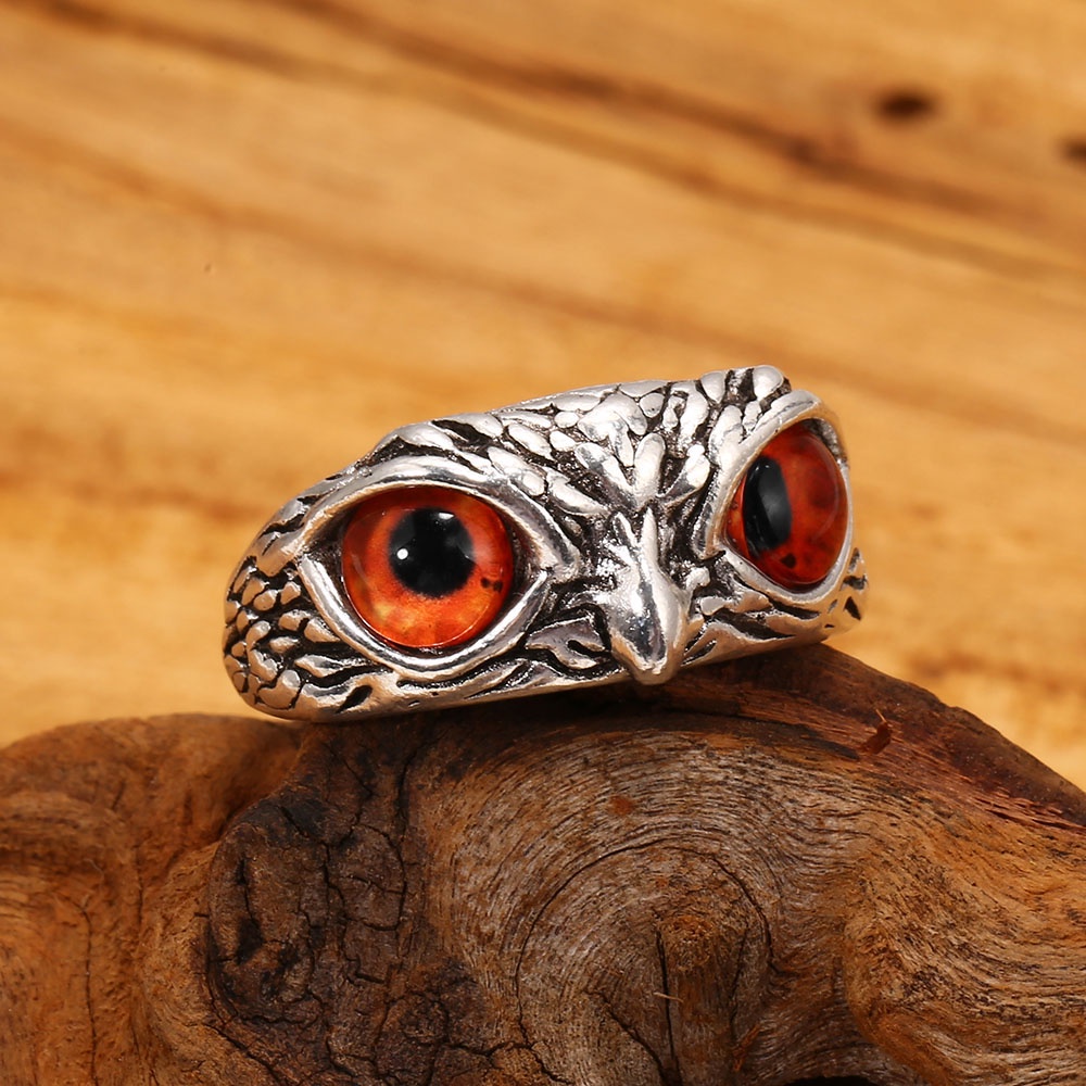 Cincin Bentuk Burung Hantu Mata Iblis Warna Biru Merah Bahan Logam Gaya Vintage Punk Untuk Wanita