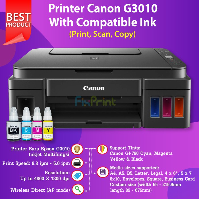 Printer Canon G3010 WiFi Print Scan Copy Wireless Tinta Original GI790 790 Black Cyan Magenta Yellow