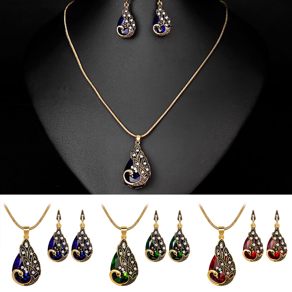 Hu Hu Hu Hu Hu Alat Bantu Pasang Kacamata♡ 3pcs Anting Kalung Dengan Liontin Burung Merak Hias Berlian Imitasi Untuk Wanita