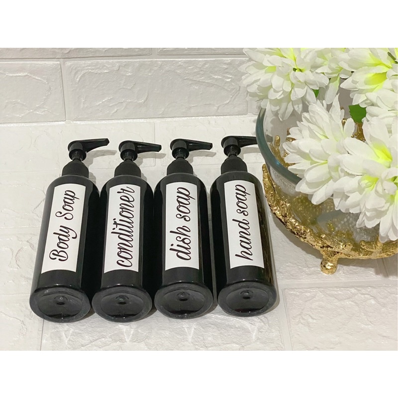 botol 250ml hitam stiker putih. aesthetic bottle minimalist refill organizer tempat sabun cair pump estetik