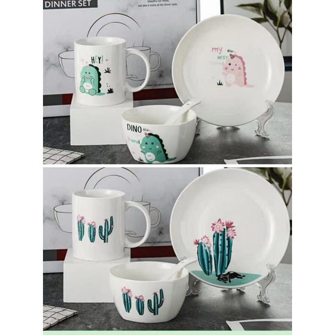Ceramic Tableware 4pc Dinner Set Keramik Piring Mangkok Sendok Gelas