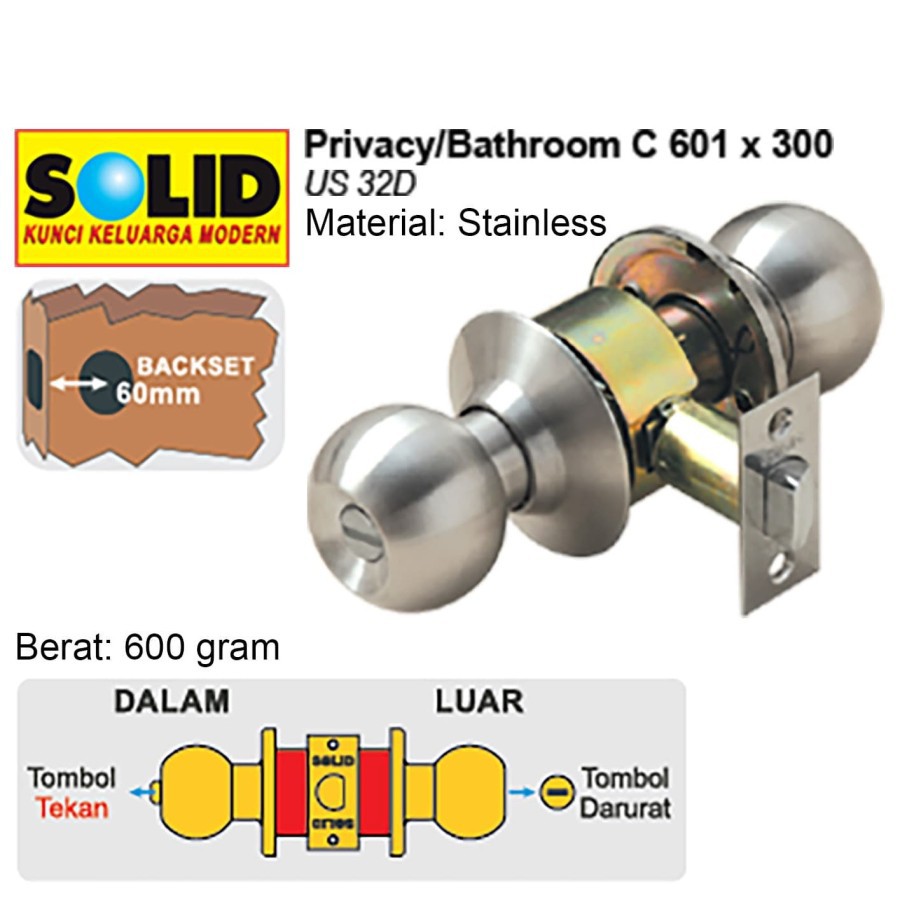 SOLID - KUNCI PINTU BULAT/CYLINDRICAL LOCKSET SOLID C 601 X 300 TANPA ANAK KUNCI