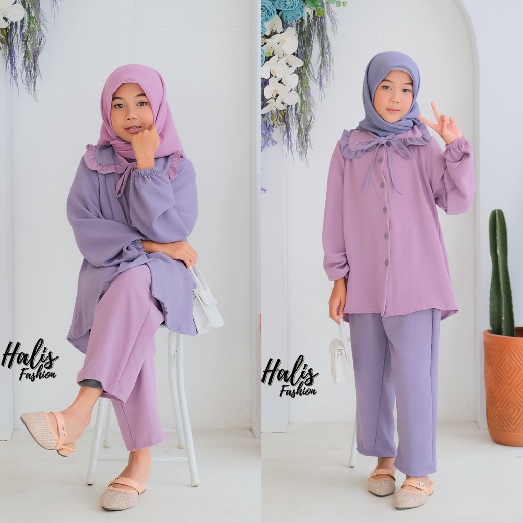 ONESET ZARA ZAHRANA HALIS DEWASA DAN ANAK Cringkel TUNIK + CELANA Model Rempel Dada Warna Cantik