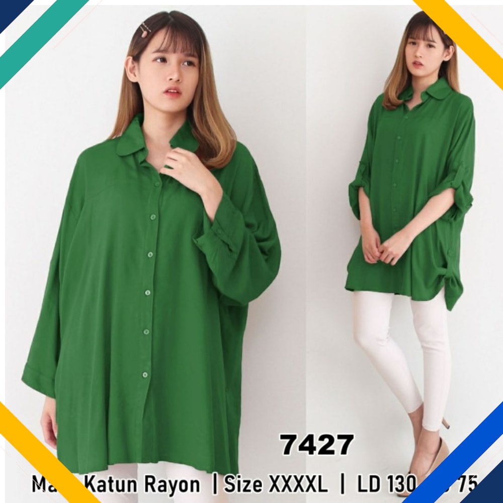 Kemeja Wanita - JUMBO SUPERIOR HIJAU BOTOL Kekinian Baju Atasan Wanita 0128 Premium