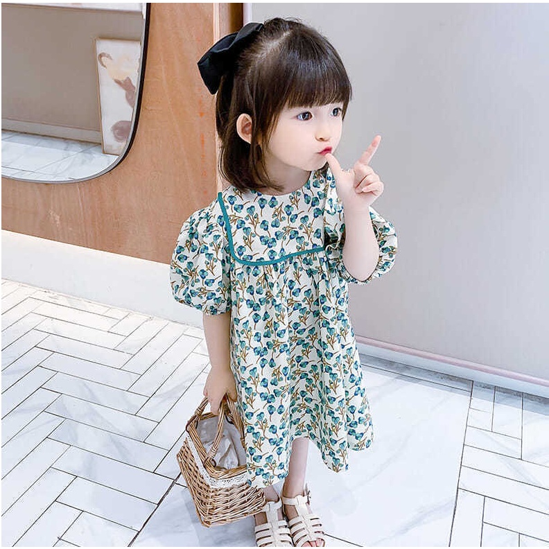 Dress Anak Perempuan Korean Fashion Floral Printed Warna Hijau Short-sleeve Gaun