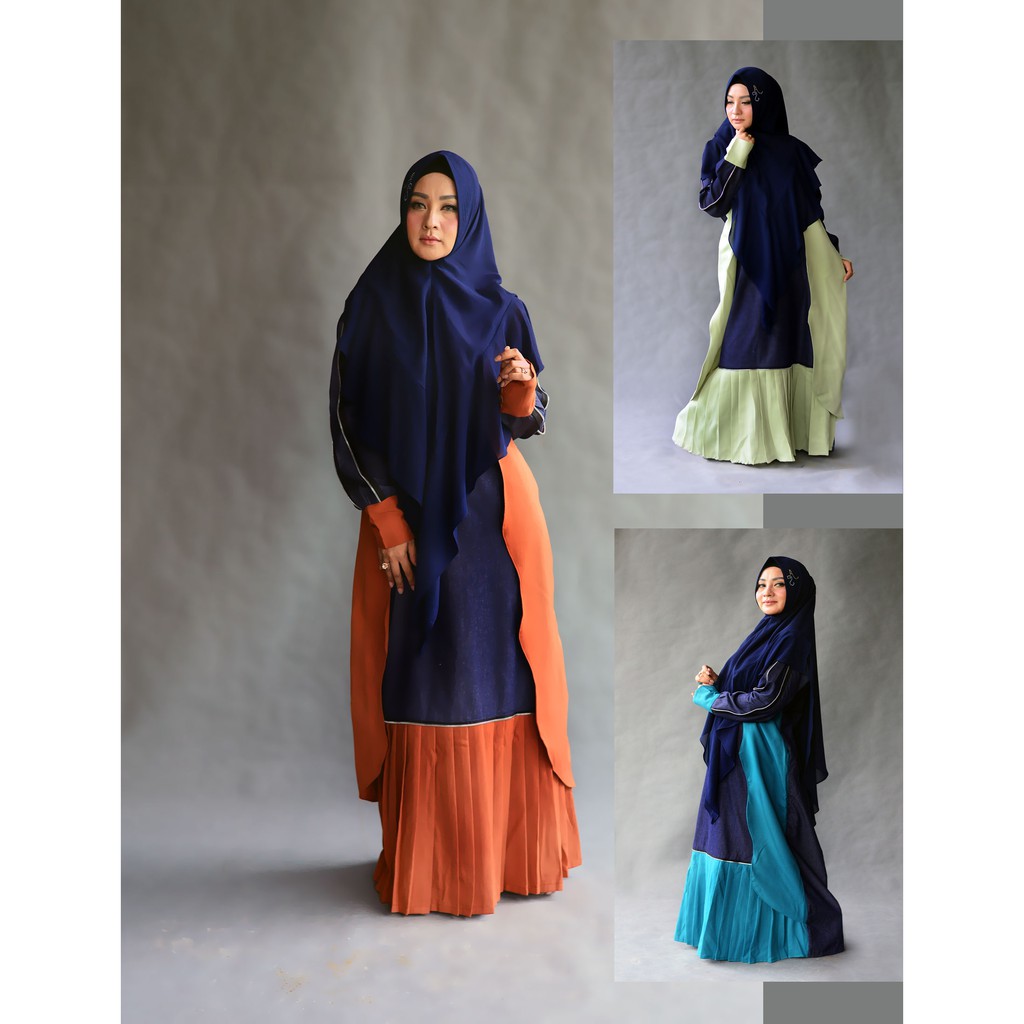 GAMIS MODERN MOSCREPE KOMBINASI JEANS ORANGE CANTIK