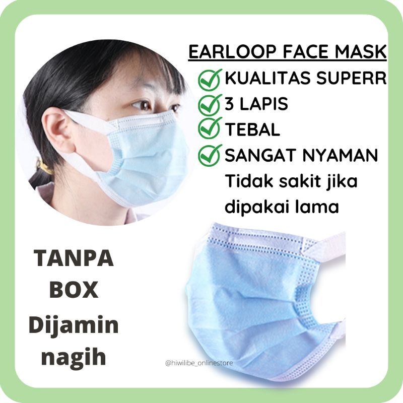 HWLB MASKER 3PLY EARLOOP biru TALI PAINLESS GEPENG LEBAR isi 25 per pack