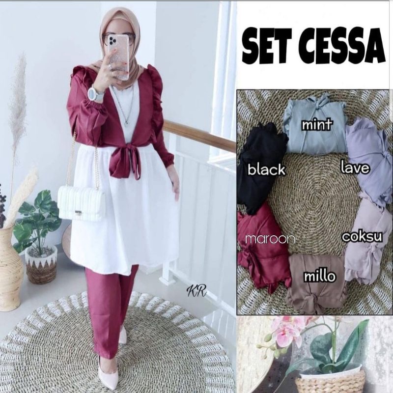 SET CELANA FASHION CESSA 3in1, MOSCREPE PREMIUM, GAMIS HIJAB MUSLIM, OUTER SETELAN