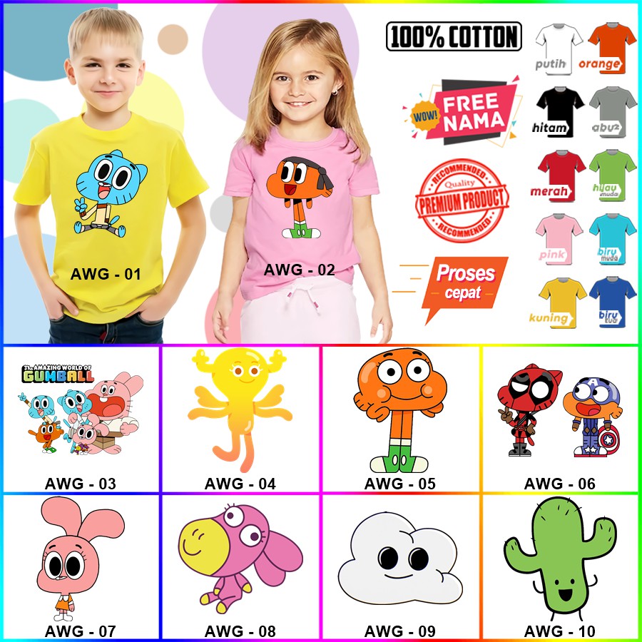 Baju Kaos ANAK DAN DEWASA AMAZING WORLD OF GUMBALL COUPLE (FREE NAMA)