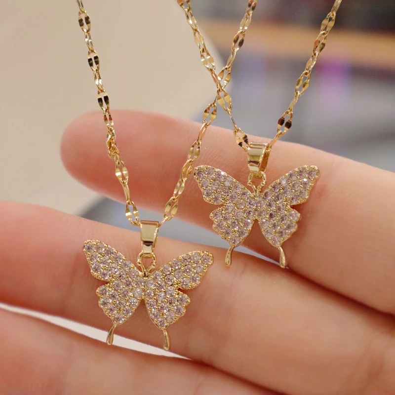 Kalung liontin titanium butterfly diamond Anti karat