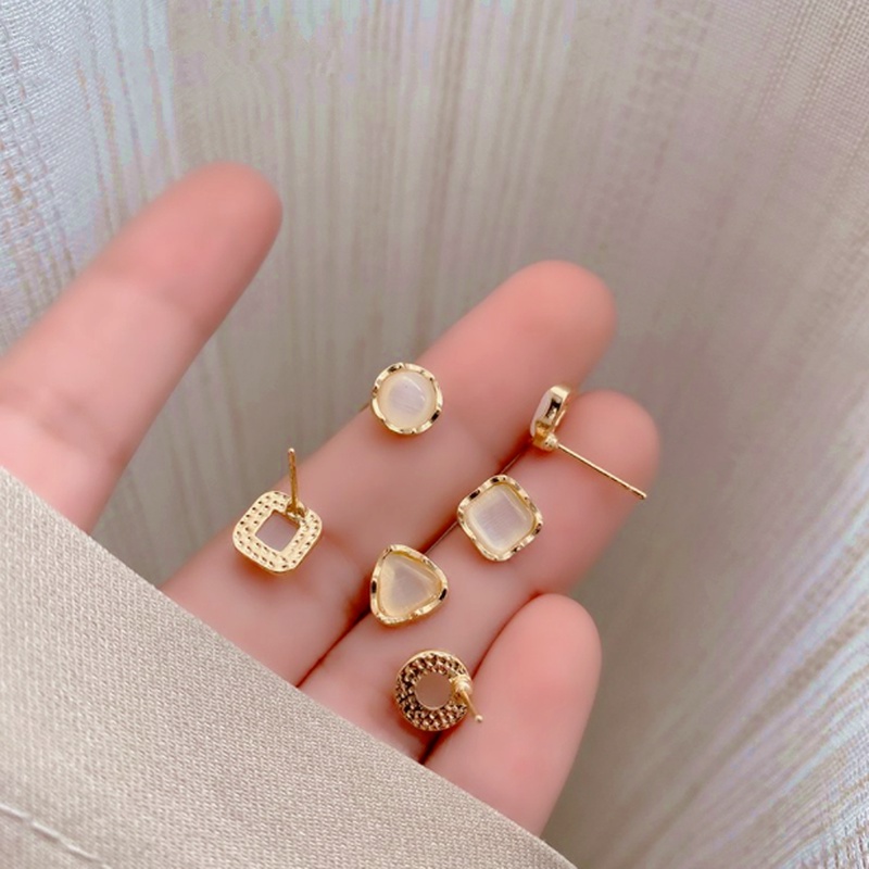 6pcs / Set Anting Stud Bentuk Opal Geometris Bahan S925 Silver Gaya Vintage Untuk Wanita