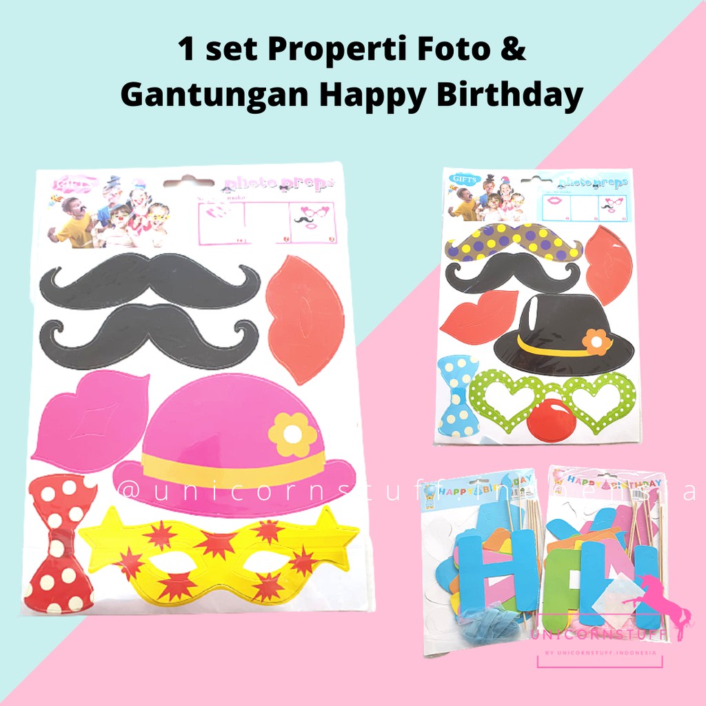 SET Properti Foto Gantungan Happy Birthday Ulang Tahun Perlengkapan Pesta Banner Bunting Flag