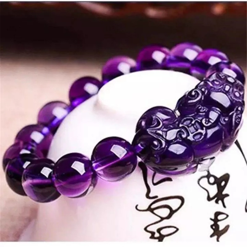 Feng Shui Purple Crystal Pixiu Bracelet Wealth Prosperity Mantra Bead Charms Hand Carved Jewelry Attract Good Luck