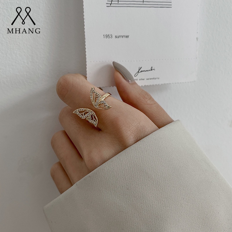 Cincin Model Terbuka Desain Kupu-Kupu Aksen Berlian Zirkon Transparan Gaya Korea Untuk Aksesoris Pesta