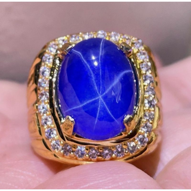 CINCIN BATU AKIK BLUE SAFIR SUPER STAR TOP RING ALPAKA