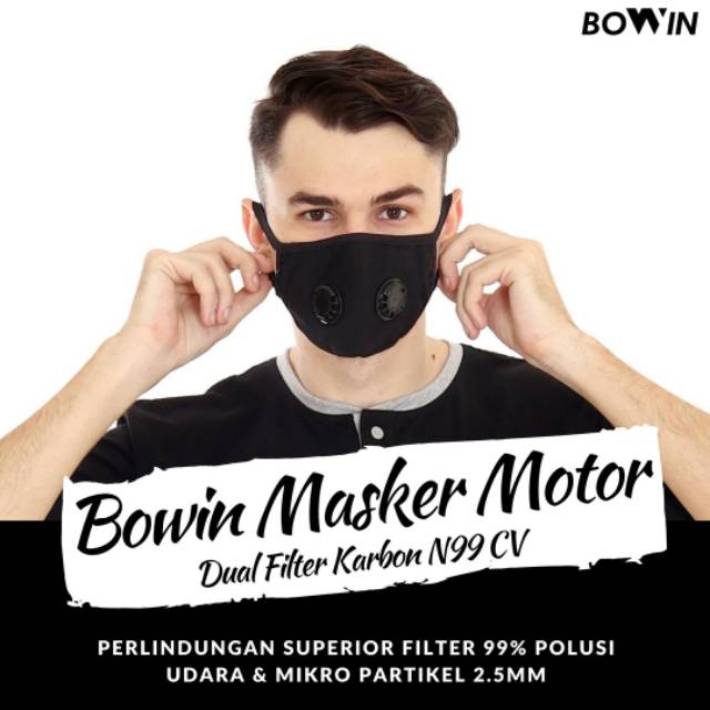 Masker BOWIN N99 CV SOLID BLACK dual filter karbon masker motor anti polusi udara dan debu