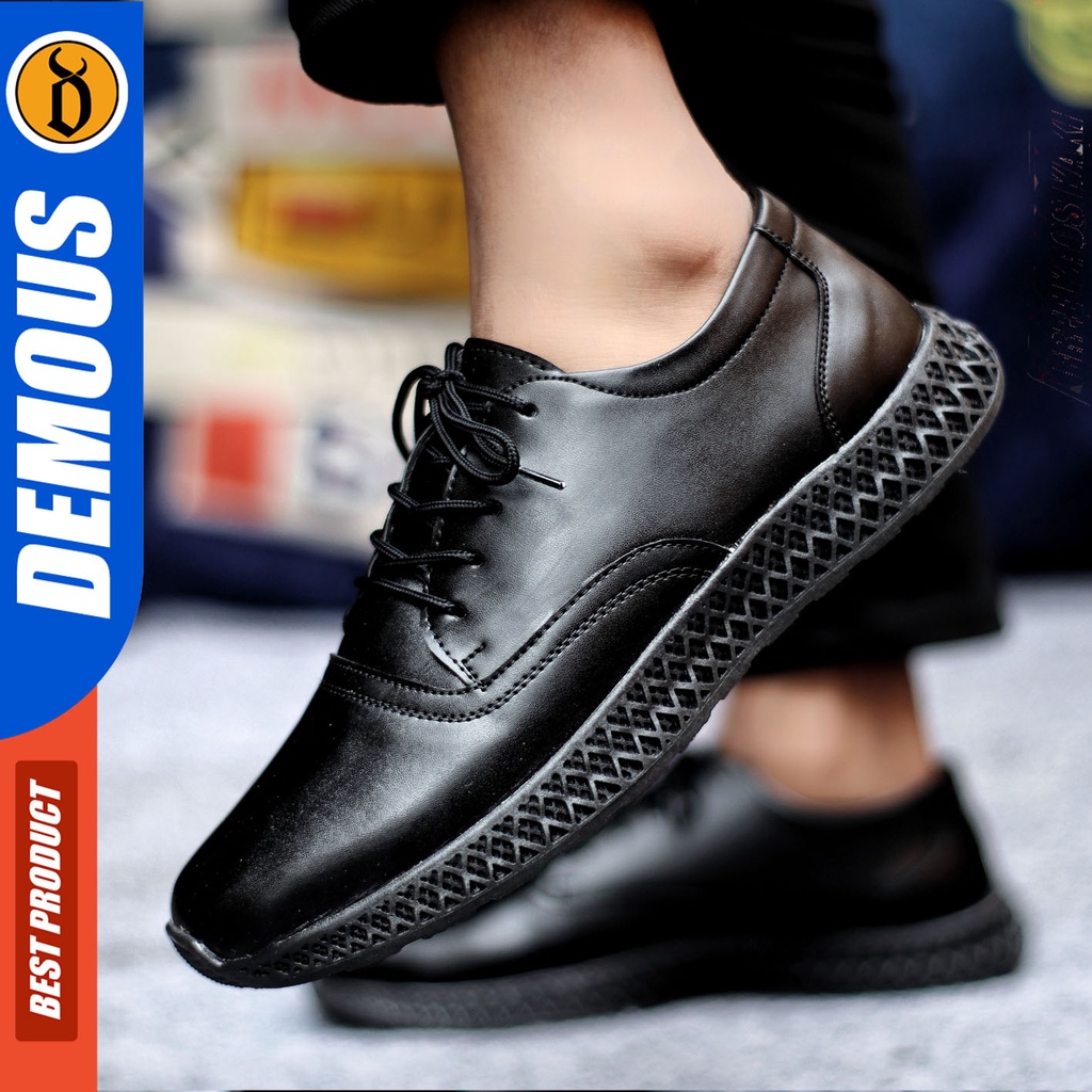 Sepatu Sneakers Pria Sepatu Casual Pria Kulit Pu Sepatu Kerja Kuliah Kondangan Sepatu Hitam Pria DEMOUS SEMON