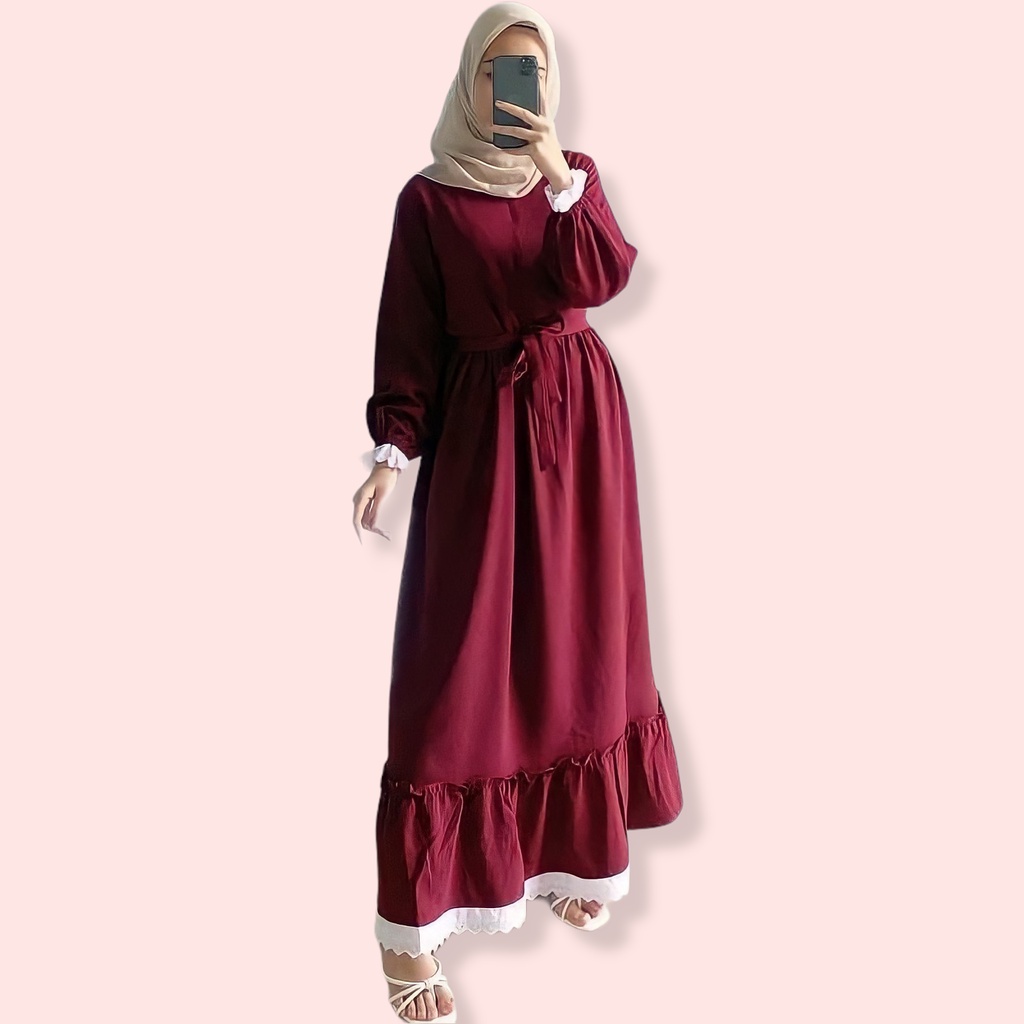 Baju Gamis Dress Lebaran Hitam Wanita Remaja Jumbo Ld 120 130 140 Terbaru Kekinian RELINA-Maroon