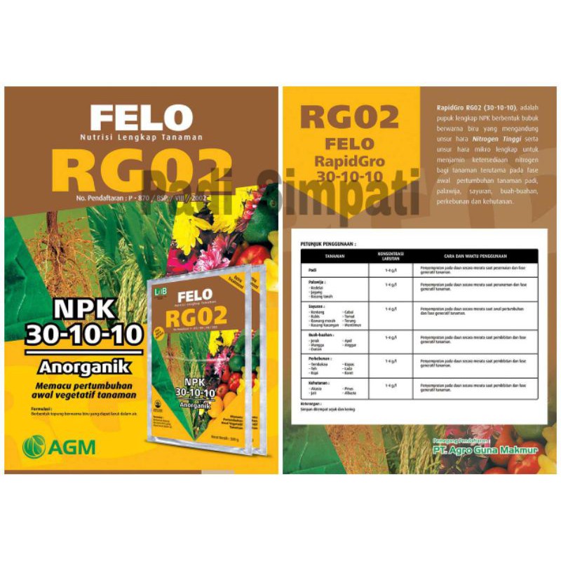 PUPUK MAJEMUK NPK FELO RG-02 (500gr) / Pupuk & Nutrisi Tanaman/ RG02 / NPK 30-10-10 Anorganik