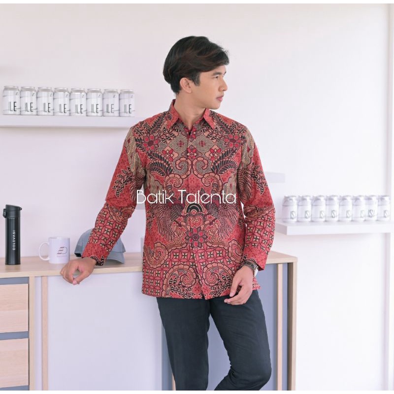 Batik kemeja pria lapis furing batik bahan katun halus baturaden size reguler merah dara