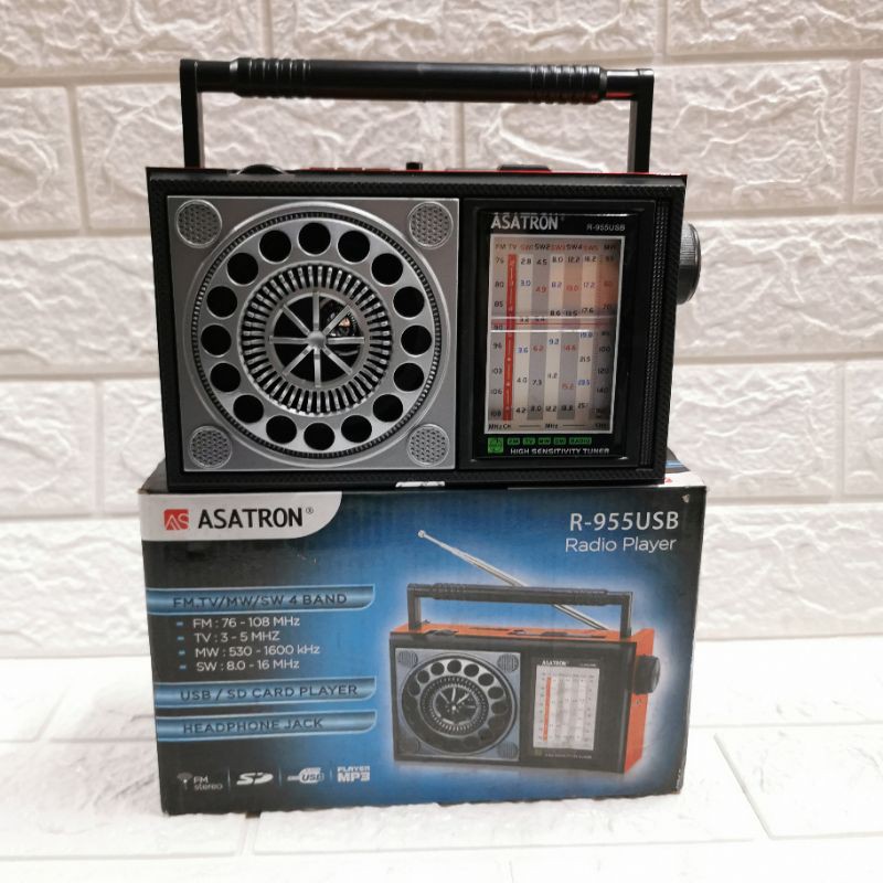 ASATRON R 955 USB RADIO FM TV MW SW 4 BAND RECEIVER PORTABLE SPEAKER USB SD CARD MP3 PLAYER KECIL