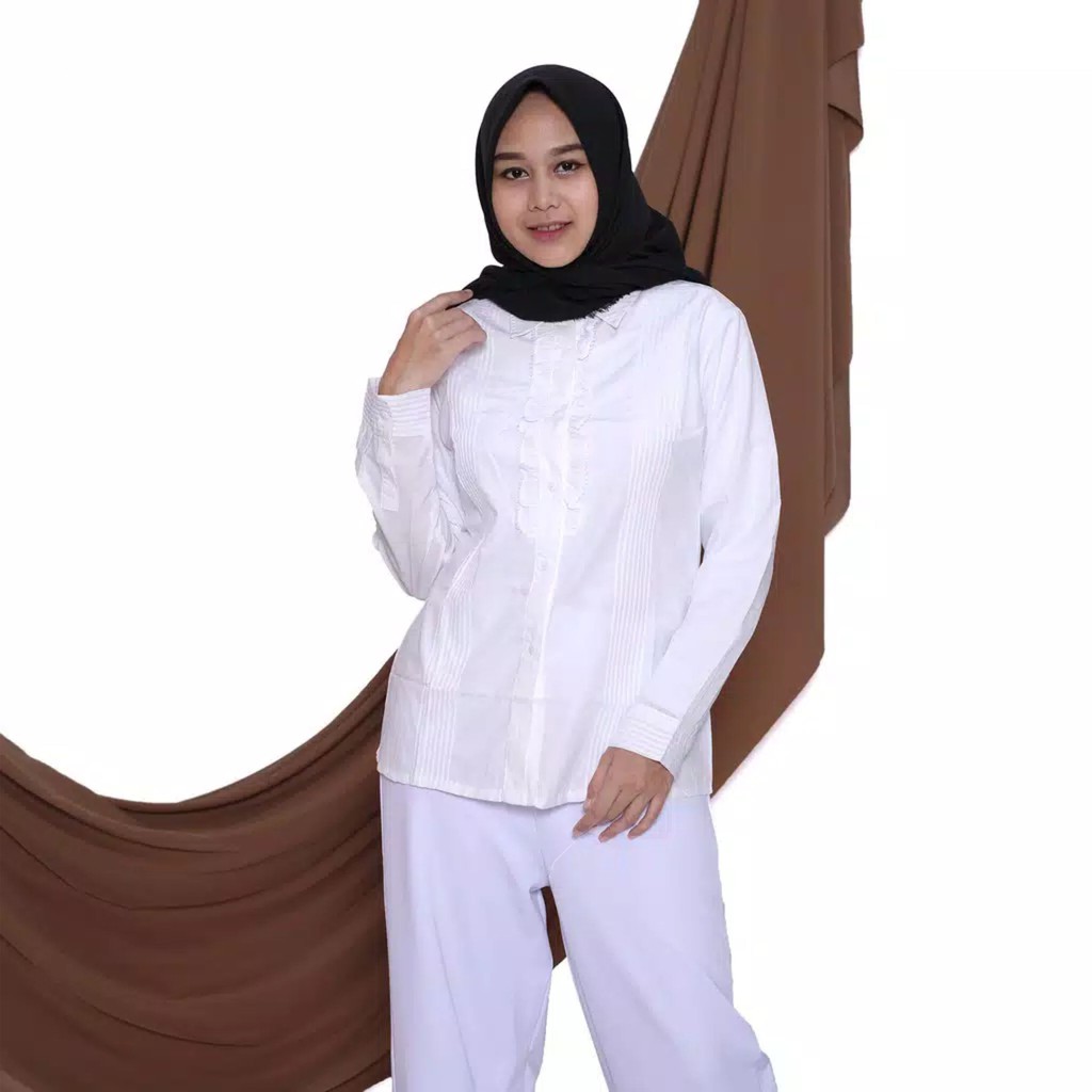 Kemeja Wanita Rempel Putih | Kemeja Jumbo Wanita | Atasan Wanita Lengan Panjang | Baju Kerja Wanita