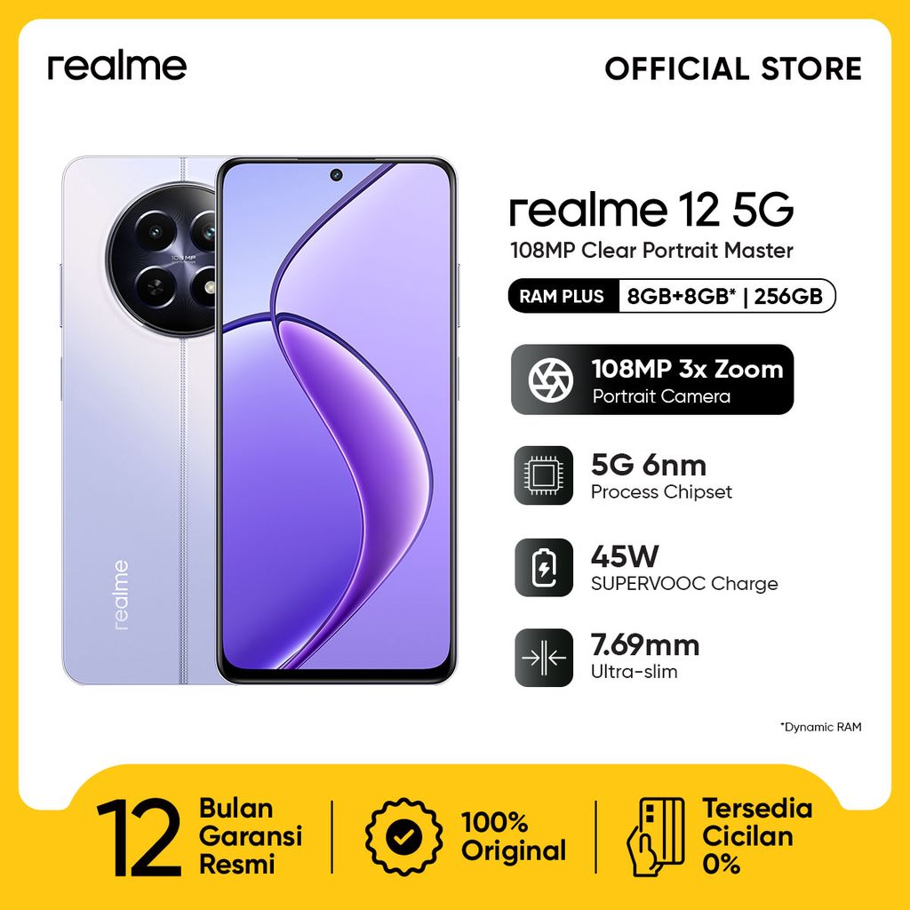 realme 12 5G 8GB+8GB*|256GB (108MP 3X Zoom Portrait Camera | Trendy Watch Design | Ultra-slim Body | 5G 6nm Process Chipset | 45W SUPERVOOC Charge | 5000mAh Battery)-Twilight Purple
