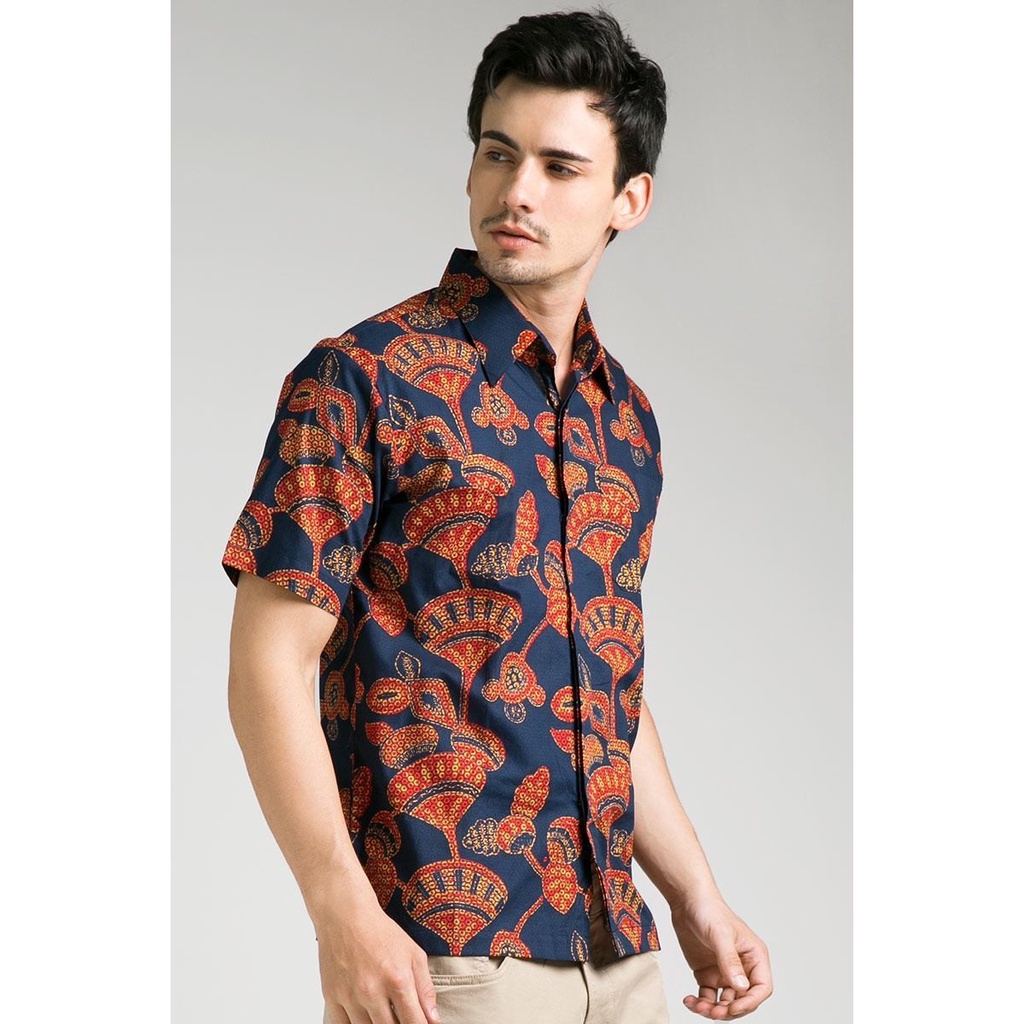 Kemeja Baju Batik Pria Lengan Pendek Cap Biru Dongker Orange