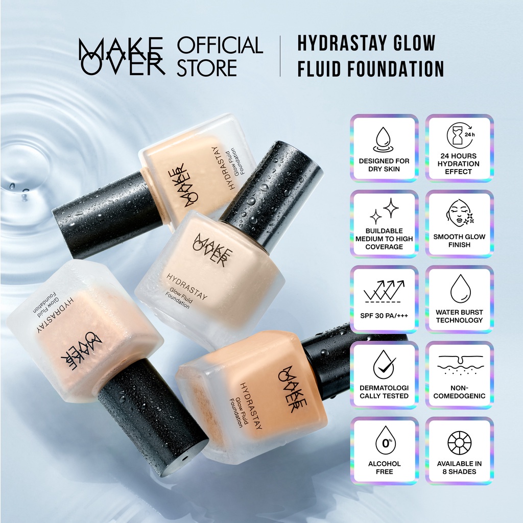 Make Over Hydrastay Glow Fluid Foundation 35ml - Foundation Kulit Kering / Dry Skin - Rias Wajah - M